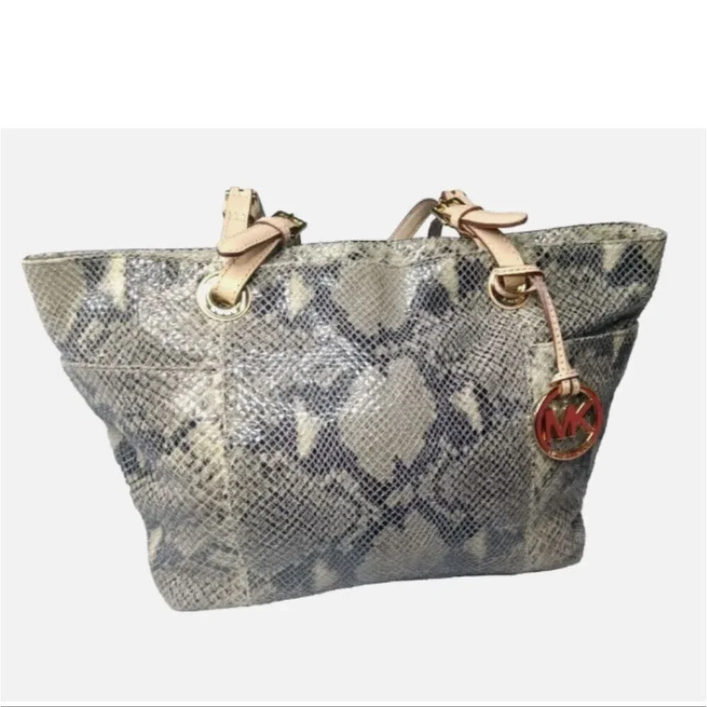 Michael Kors North South Tote Python Embossed Beige~Black Leather Handbag
